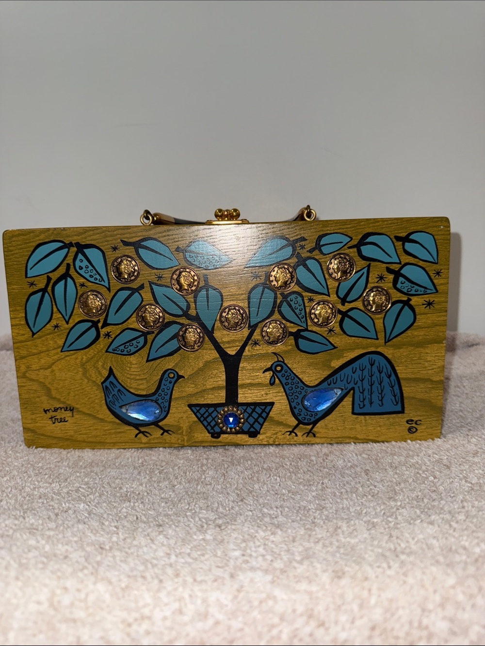 Wood-Grain Rectangular Box Clutch with Gold Hardware